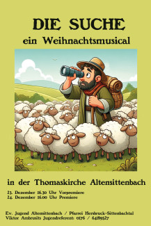 Ein Hirte und Schafe, das Plakat des Weihnachtsmusicals "Die Suche"